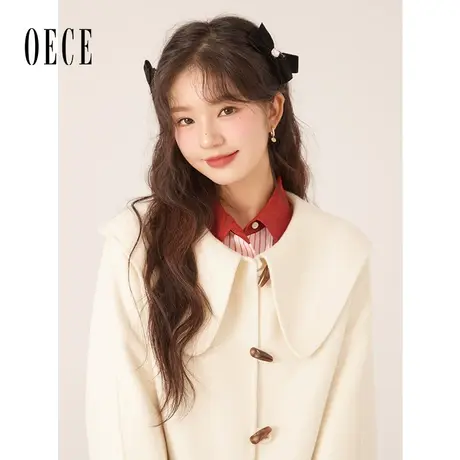 Oece高级感毛呢外套秋冬季新款女装牛角扣羊毛呢子大衣小个子商品大图