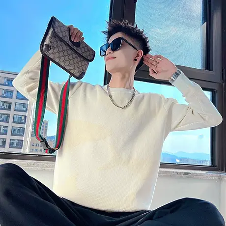 纯色毛衣男2023秋冬新款ins个性提花线衣加厚潮牌轻熟打底针织衫商品大图