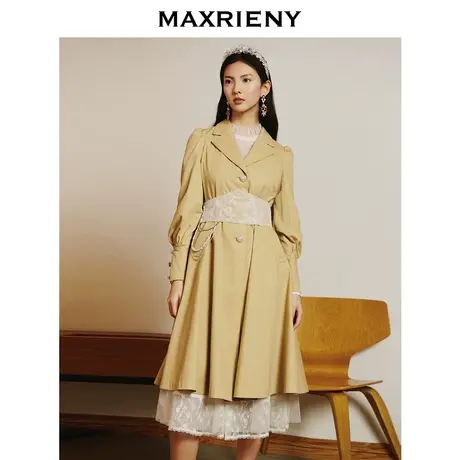 MAXRIENY复古宫廷大衣中长款卡其色通勤长外套秋冬款蕾丝收腰风衣图片