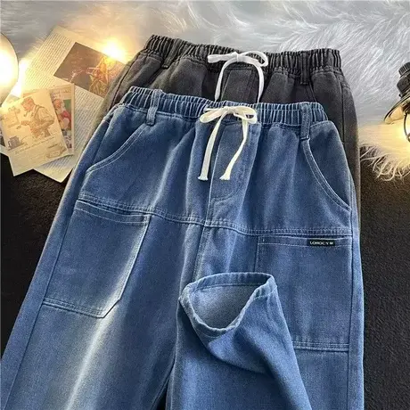 高街潮牌工装裤男日系松紧腰直筒宽松大码牛仔裤夏季阔腿休闲长裤商品大图