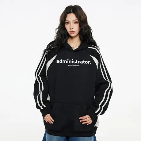 Nuthink美式高街拼接织带插肩袖卫衣男潮牌保暖加厚宽松上衣春季商品大图