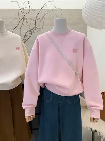 韩系简约刺绣字母宽松加绒加厚落肩袖短款长袖卫衣女套头百搭上衣商品大图