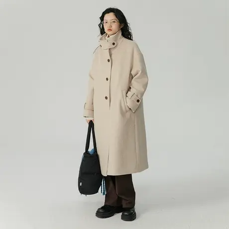 omont蛋挞家 立领羊毛大衣女秋冬2022新款复古宽松中长款毛呢外套商品大图