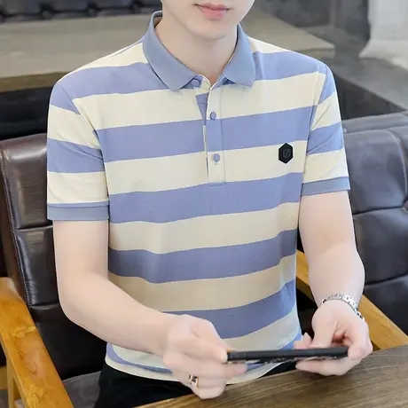 港士博2022新款条纹丝光棉短袖T恤男士韩版修身徽章纯棉潮流体恤商品大图