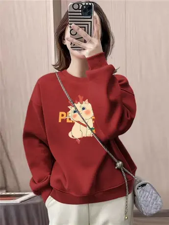 2024新款龙年本命年红色圆领卫衣女加绒加厚卡通印花减龄宽松上衣商品大图