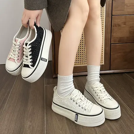 帆布鞋女松糕厚底女鞋子2024年新款春秋百搭小个子学生运动休闲鞋图片