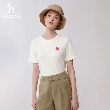 【纯棉舒适】Hazzys哈吉斯奥莱夏季圆领印花休闲运动短袖t恤衫女图片
