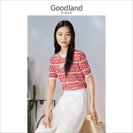Goodland美地女装2023夏季短袖字母珠片绣花针织衫套头商品大图