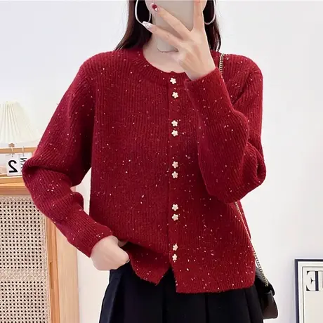 红色针织开衫毛衣女2024春装新款小香风外套女爆款时尚洋气上衣女商品大图