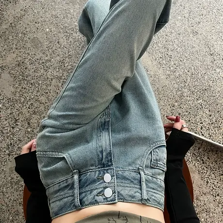 浅色阔腿牛仔裤女2024年春秋新款高腰宽松显瘦百搭遮胯直筒拖地裤商品大图