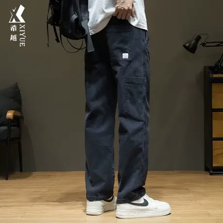 希越多口袋潮流设计感休闲直筒裤男2024春季新款宽松大码黑色长裤商品大图