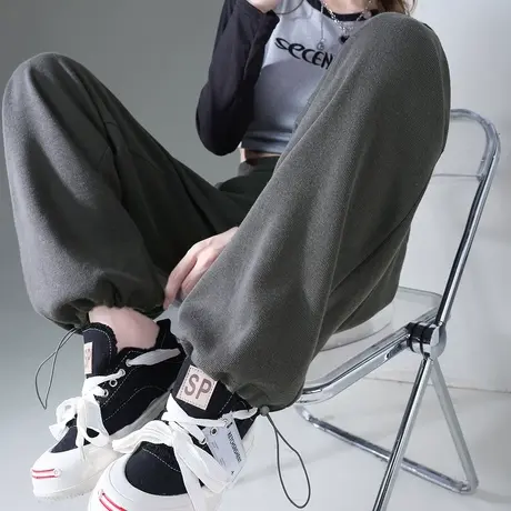 唐狮美式运动裤女2023新款秋冬窄版阔腿裤抽绳两穿显瘦直筒休闲裤图片