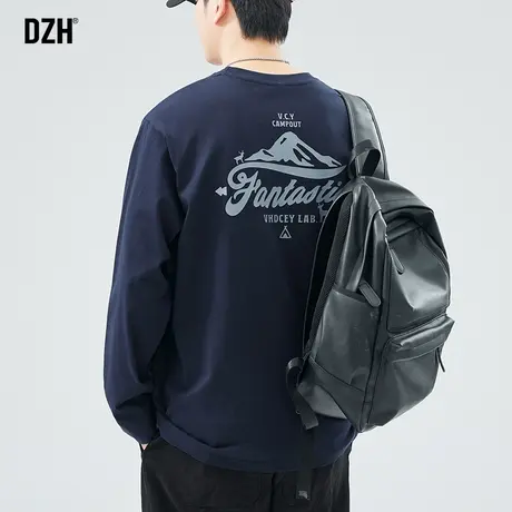 男士美式蓝色t恤男长袖纯棉打底衫内搭2024新款春季男装衣服男款商品大图