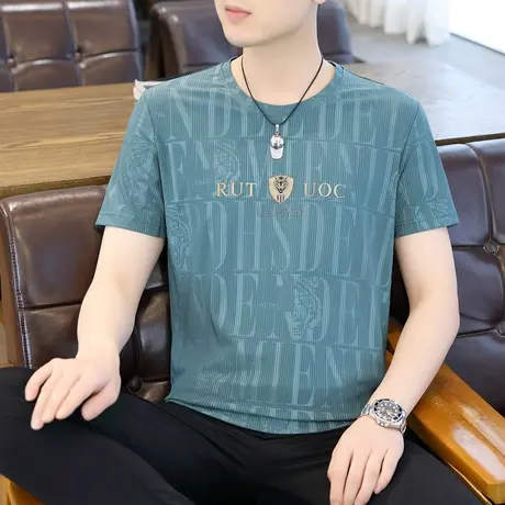 2023夏季新款男士冰丝短袖T恤个性潮流潮牌加肥加大码男装体恤衫图片