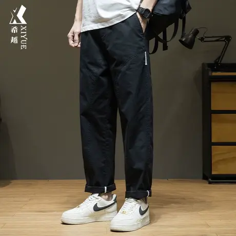 希越纯棉格纹设计感休闲萝卜裤男士2024春季宽松大码工装直筒裤子商品大图