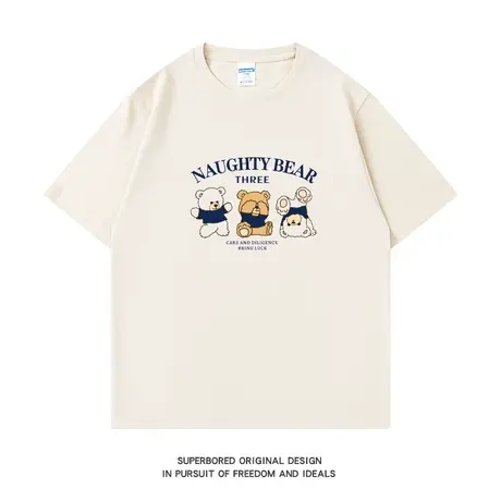 ins港风趣味小熊印花短袖T恤男女夏季纯棉宽松休闲半袖情侣上衣图片