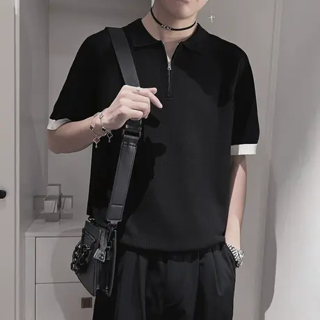 半拉链针织POLO衫男夏季新款ins拼色休闲个性薄款薄款短袖T恤内搭图片