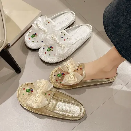 2024夏季新款网纱水钻外穿百搭包头凉拖鞋网红平底半拖韩版女鞋子商品大图