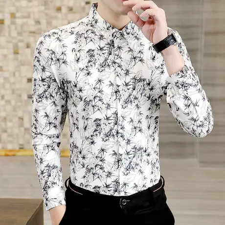 时尚碎花长袖衬衫男士秋季2023新款韩版休闲衬衣发型师痞帅气夏装商品大图