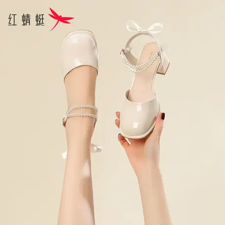 红蜻蜓高跟凉鞋女款2023年夏季新款法式包头气质粗跟珍珠高跟鞋女商品大图