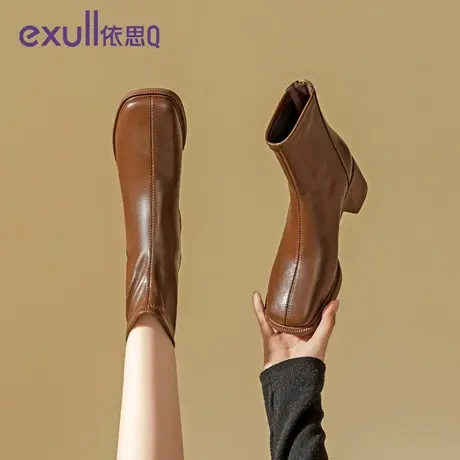 依思Q棉鞋女2023年冬季新款方头粗跟短靴加绒韩版时装靴保暖靴子商品大图