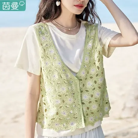 茵曼短款假两件针织衫2024夏季女装新款宽松镂空针织马夹短袖上衣图片