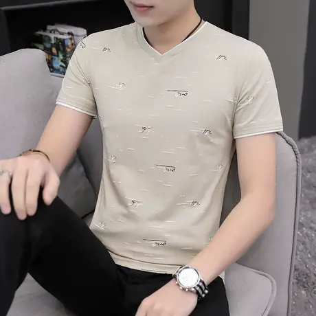 2023夏季冰丝短袖t恤v领潮流棉感时尚青年上衣服男士冰感修身丅恤商品大图