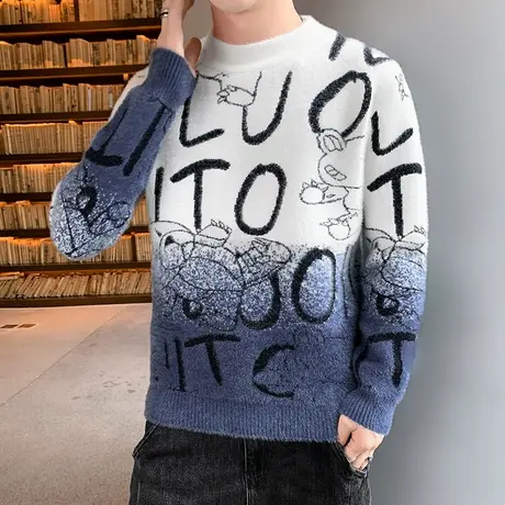 青少年水貂绒毛衣男半高领加绒加厚针织打底衫学生渐变色宽松线衣图片