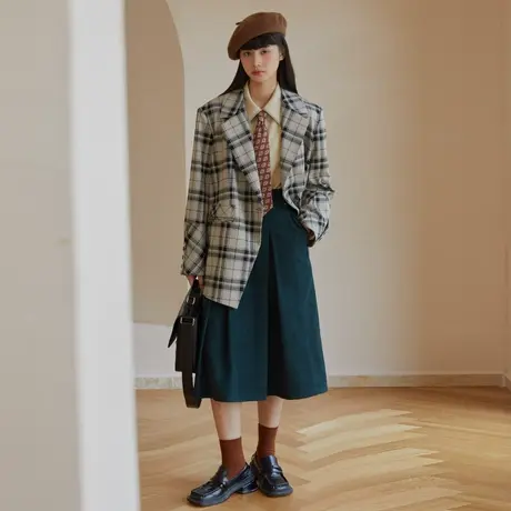 omont蛋挞家 复古格纹廓形西装外套女秋装新款宽松设计感小众西服商品大图