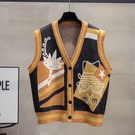 抽象v领针织开衫马甲背心女2023秋装新款宽松外穿马夹毛衣坎肩潮商品大图