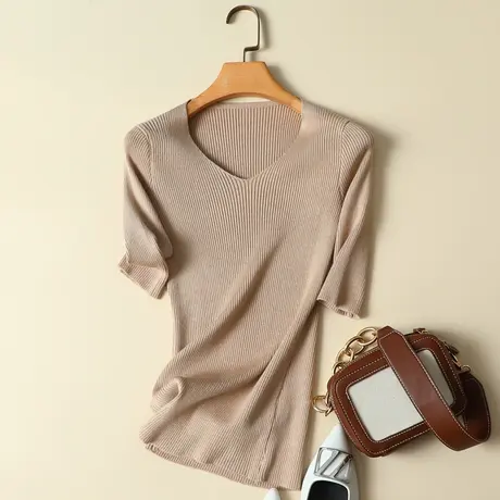 秋装2023年新款v领中袖针织衫半袖t恤女修身紧身五分袖打底衫上衣商品大图