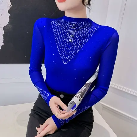 加绒加厚网纱打底衫女秋冬内搭洋气半高领T恤长袖重工烫钻上衣ins商品大图