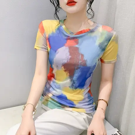 拼色印花短袖T恤女欧货时尚网纱圆领上衣气质减龄小衫修身半袖夏图片