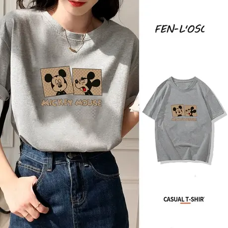 短袖t恤女宽松圆领半袖2023年夏季新款宽松大码体恤印花纯棉上衣商品大图