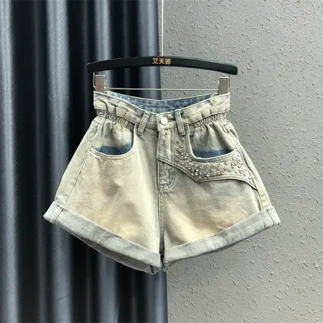 2023夏季新款重工烫钻复古怀旧设计宽松显瘦牛仔短裤女卷边阔腿裤图片