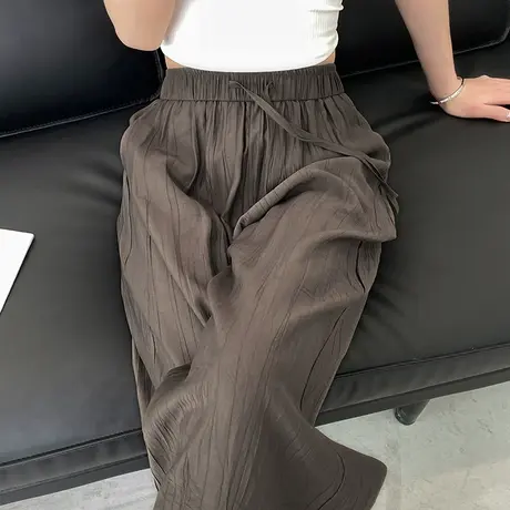 咖色棉麻阔腿裤女夏季薄款高腰垂感宽松显瘦褶皱冰丝慵懒风休闲裤商品大图