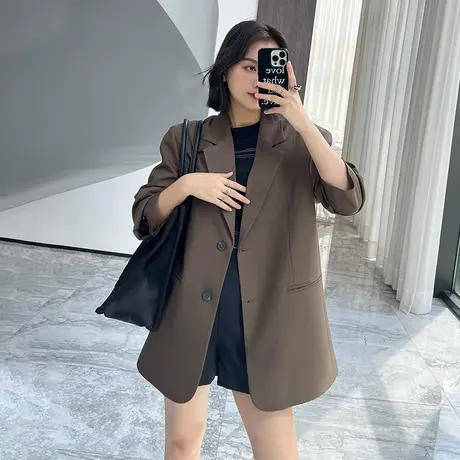 棕色西装外套女2023秋季新款韩版宽松港风宽肩设计感炸街大码西服商品大图
