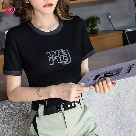 莫代尔修身短袖t恤女夏季圆领字母内搭打底体恤显瘦百搭上衣薄款商品大图