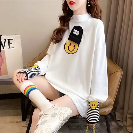 半高领长袖t恤女秋冬韩版宽松大码中长款加绒加厚保暖德绒打底衫图片