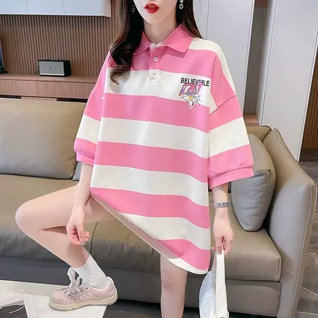 短袖t恤女2023新款夏季韩版宽松大码中长款条纹翻领polo衫上衣服图片