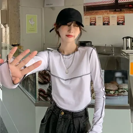 早春不规则短款长袖t恤女春秋打底衫设计感小众别致辣妹上衣ins潮商品大图