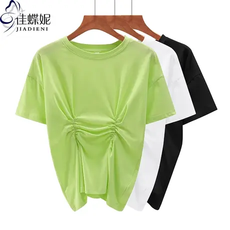 夏季新款韩版圆领褶皱宽松纯色纯棉短袖体恤上衣内搭女打底衫商品大图