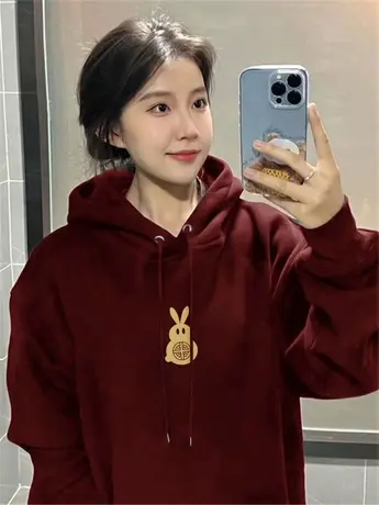 连帽兔年本命年卫衣女秋冬加绒加厚潮牌美式炸街oversize外套上衣图片