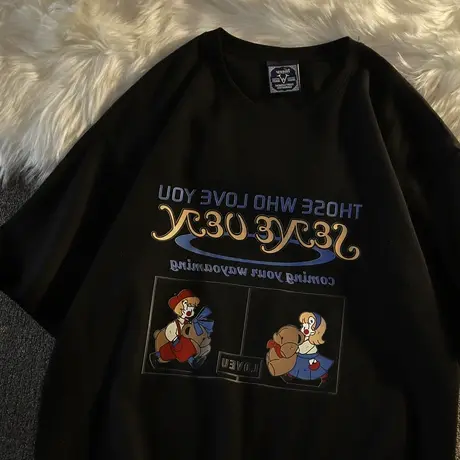 复古chic大码情侣t恤女新款2022oversize宽松美式短袖ins潮上衣夏商品大图