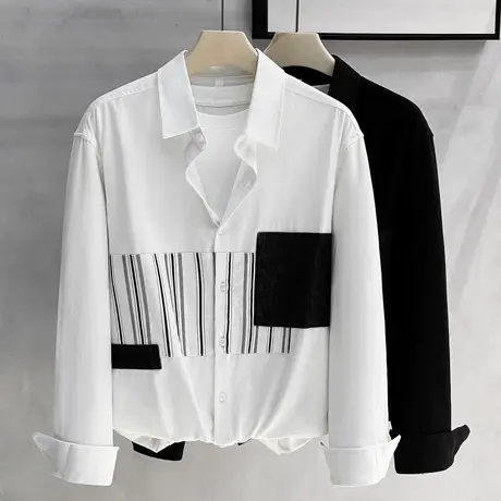 条纹拼接男士衬衫长袖2023新款春秋季纯棉高级感百搭休闲衬衣外套商品大图