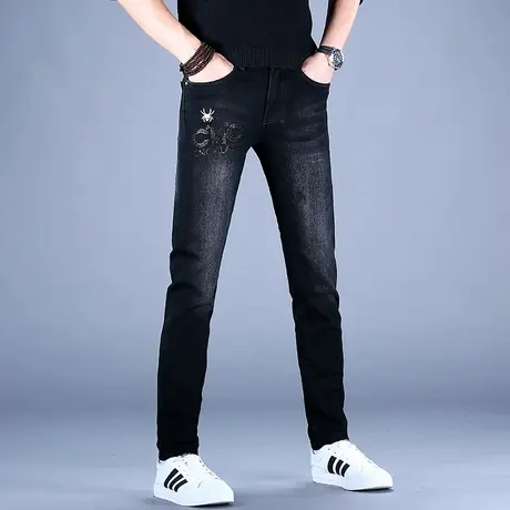 2023新款百搭男士烫钻牛仔裤男款修身小脚裤子灰黑色休闲高端潮牌图片
