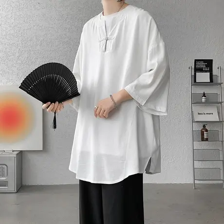 新中式男士棉麻短袖T恤男中国风唐装古风男装夏季宽松五分袖上衣图片