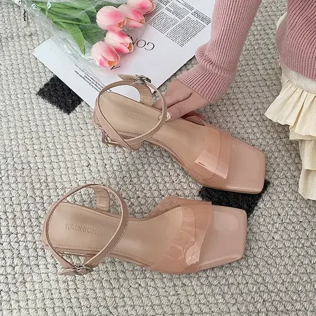 透明高跟凉鞋2023年夏季新款一字扣带露趾仙女水晶鞋气质粗跟女鞋图片