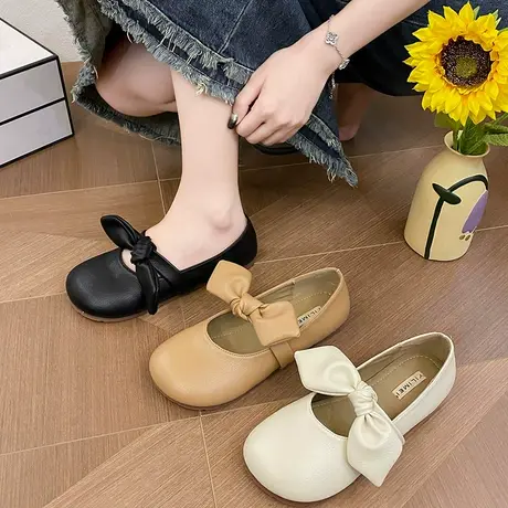 单鞋女夏季平底温柔风晚晚鞋2023年新款奶奶鞋一脚蹬蝴蝶结豆豆鞋商品大图