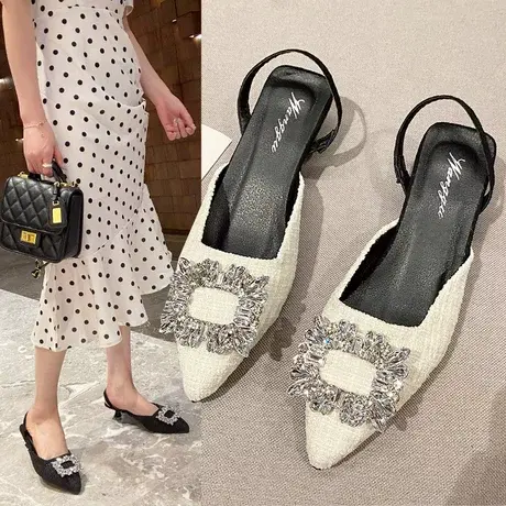 水钻时装凉鞋女方扣夏季新款时尚小众设计感尖头气质细跟中跟鞋商品大图
